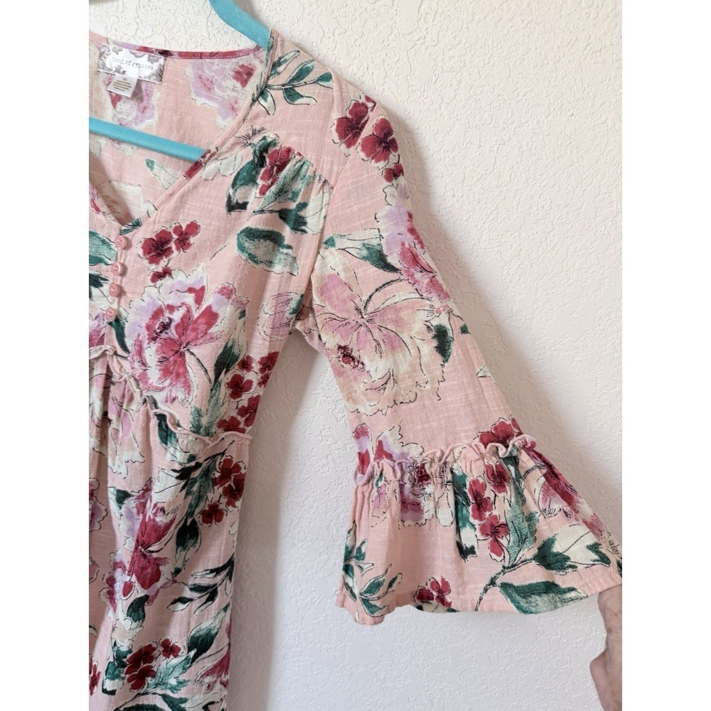 Band of Gypsies Pink Floral Empire Waist Bell Sleeve Boho Top‎ XS Pockets - Picture 6 of 11